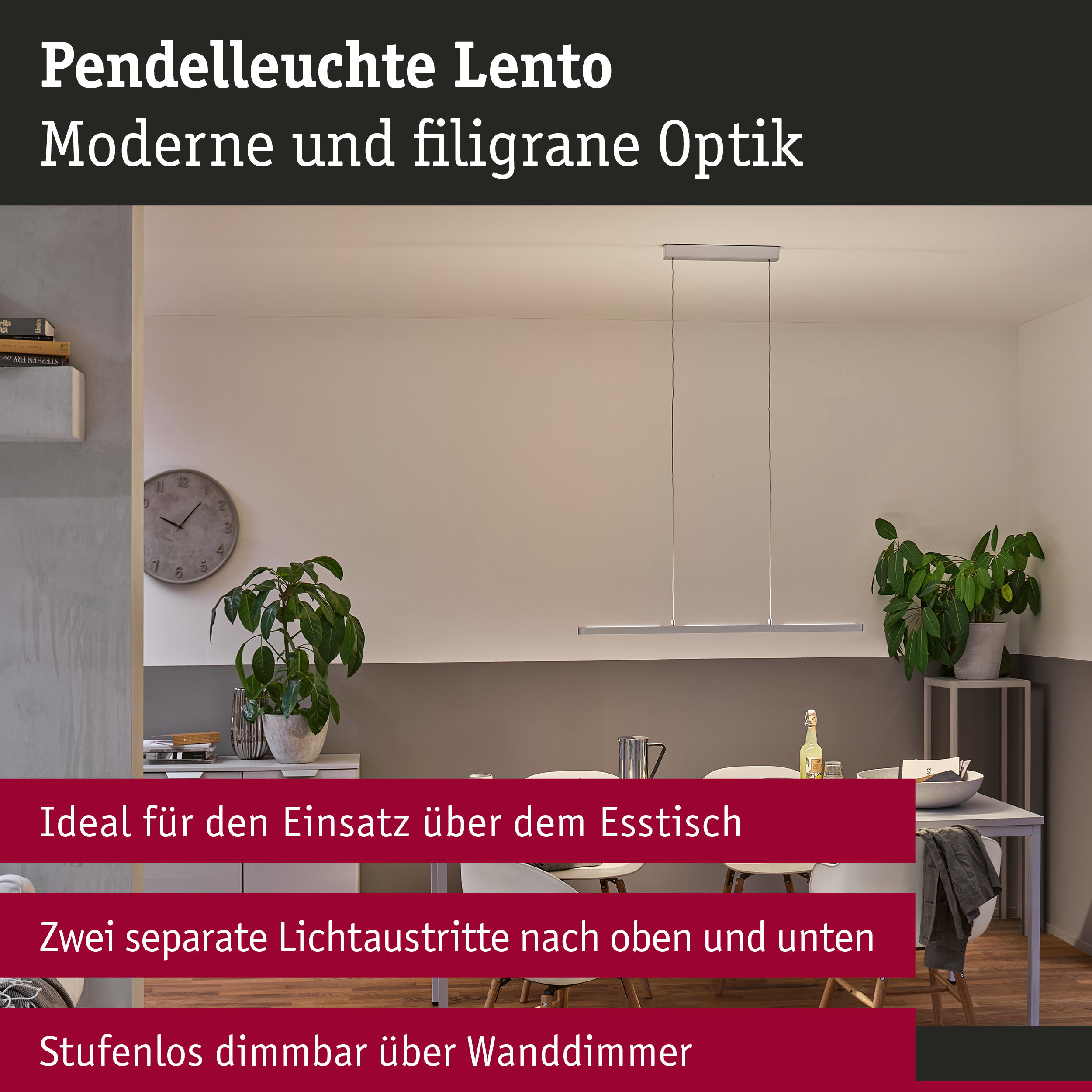 Pendelleuchte Lento in modernem, filigranem Design in Silber ideal für Esstischbeleuchtung mit dimmbarer Funktion