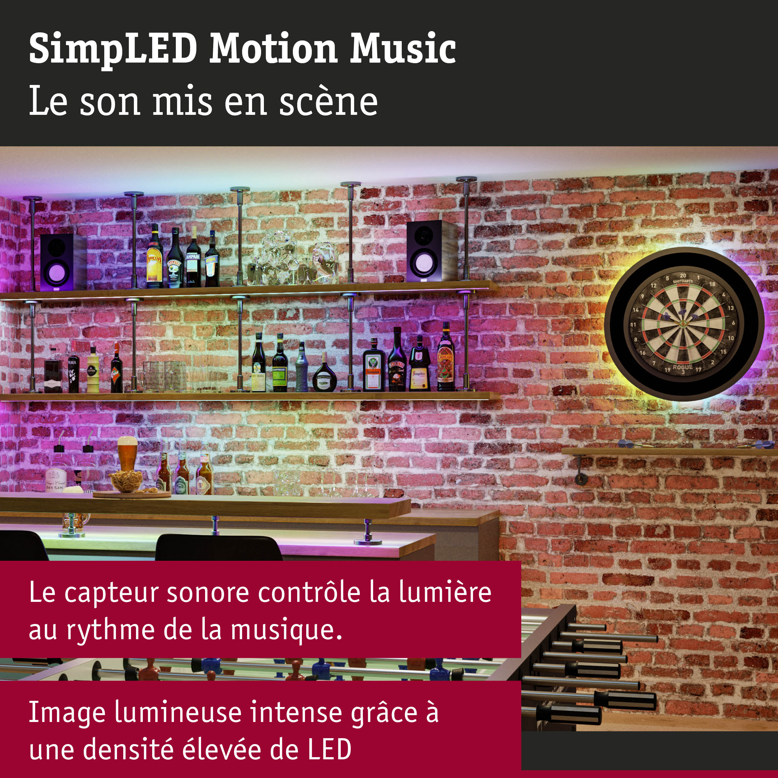 Bar avec murs en briques rouges, éclairage LED, cible de fléchettes, contrôle musique et lumière