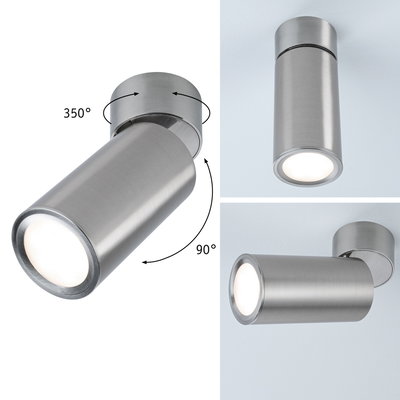 Moderne LED-plafondspot van geborsteld zilverkleurig aluminium met 350° draaibare kop voor flexibele verlichting.