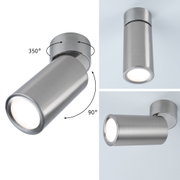 Modern LED ceiling spotlight in brushed silver aluminum with 350° rotatable head for flexible lighting.