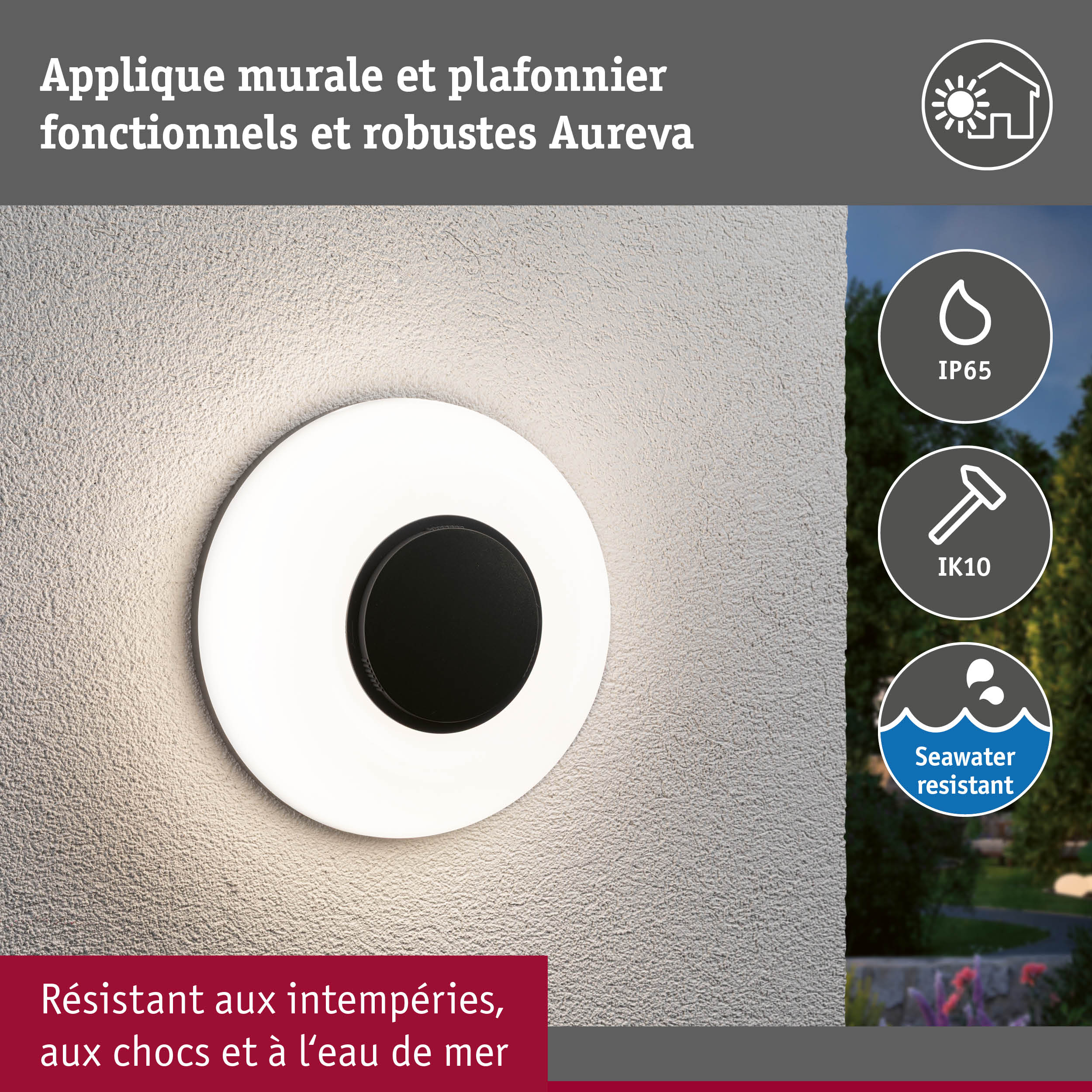 Applique d'extérieur LED Aureva IP65 rond 220mm 2200 - 4000K 20,5W 1730lm 230V Anthracite/Blanc Polycarbonate