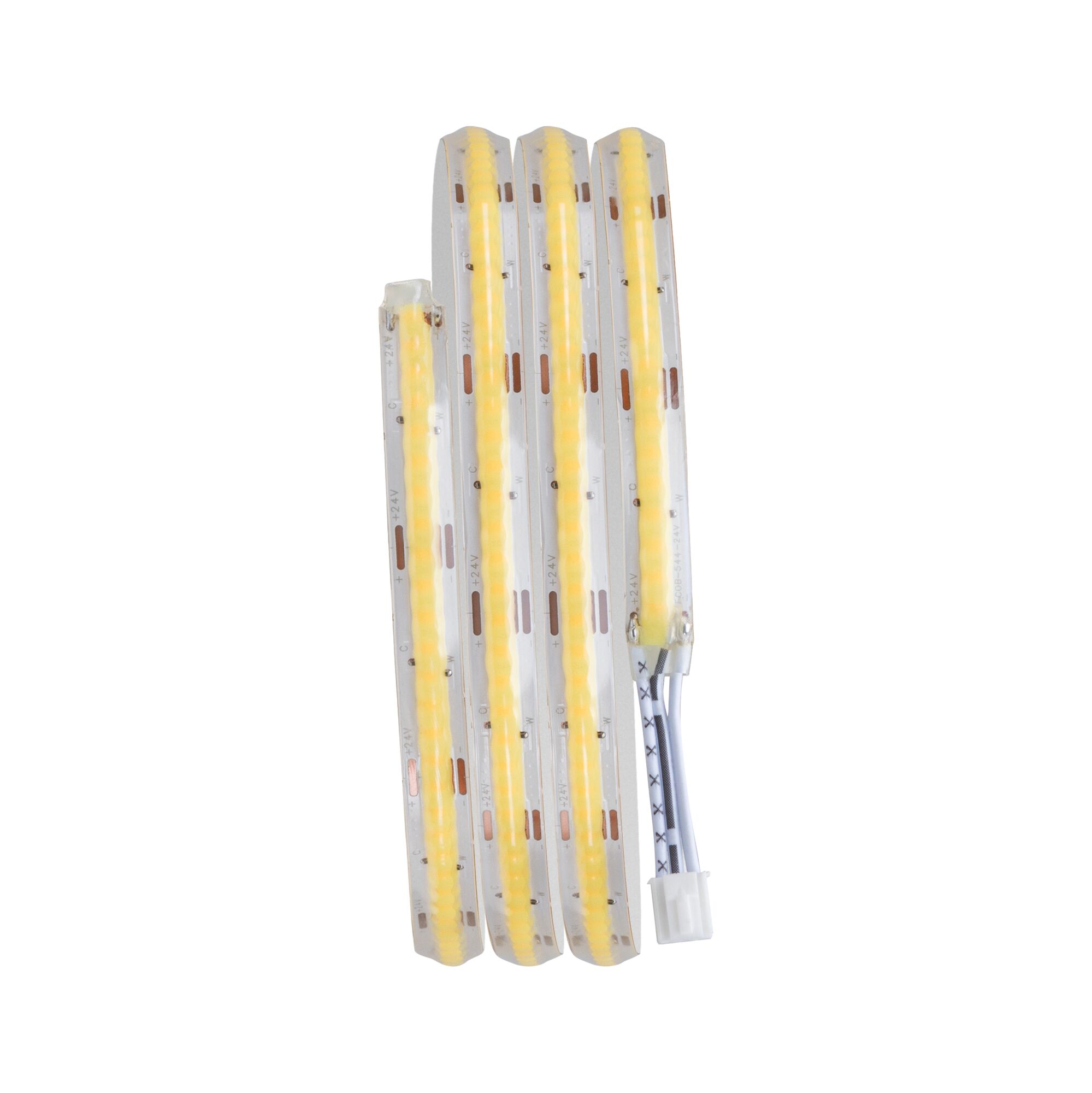 Flexibler LED-Lichtstreifen mit warmweißen Dioden und weißem Anschlusskabel für vielseitige Beleuchtung.