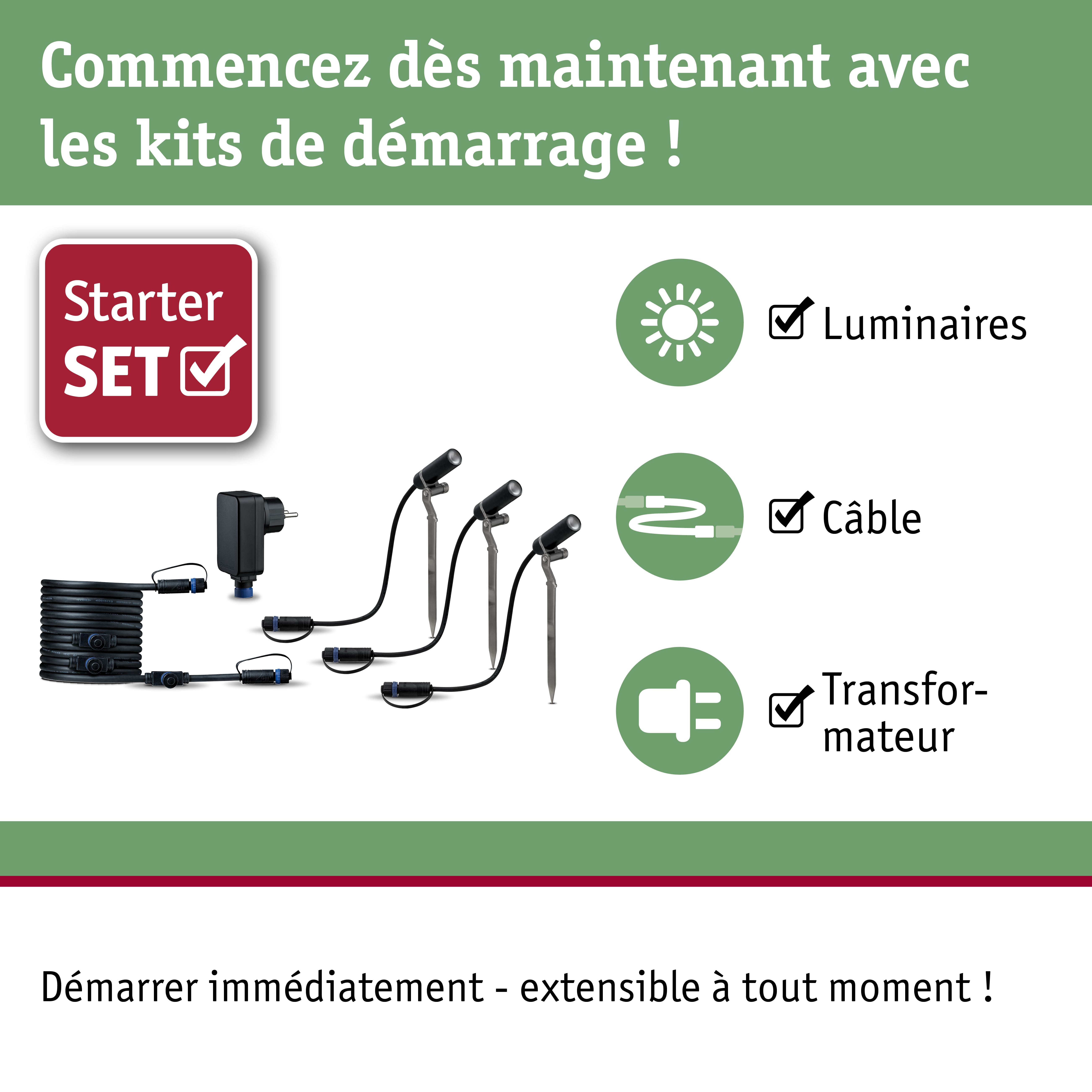Kit de démarrage avec luminaires LED extérieurs noirs, câble et transformateur pour éclairage de jardin