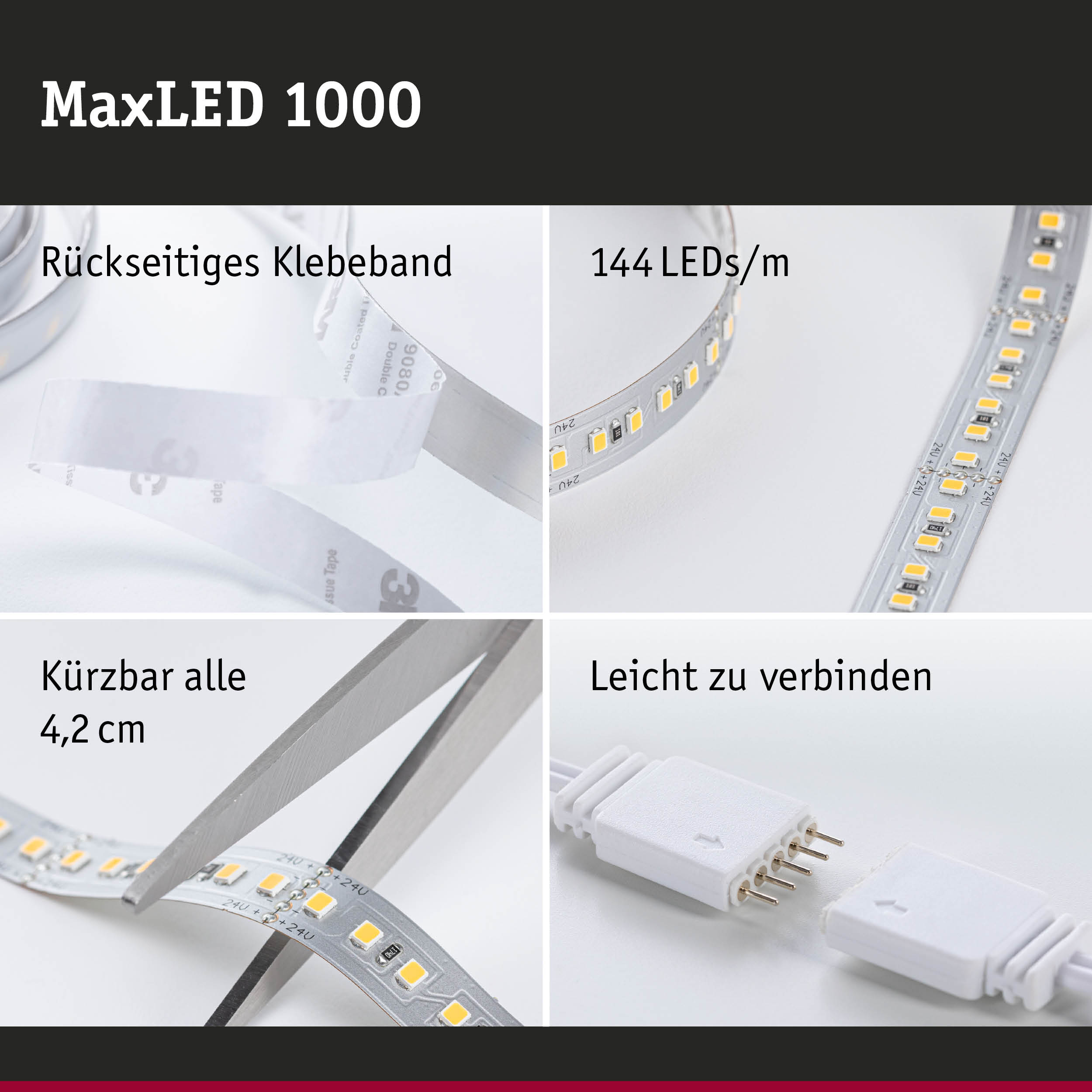 MaxLED 1000 LED-Streifen mit rückseitigem Klebeband, 144 LEDs/m, schneidbar und leicht verbindbar