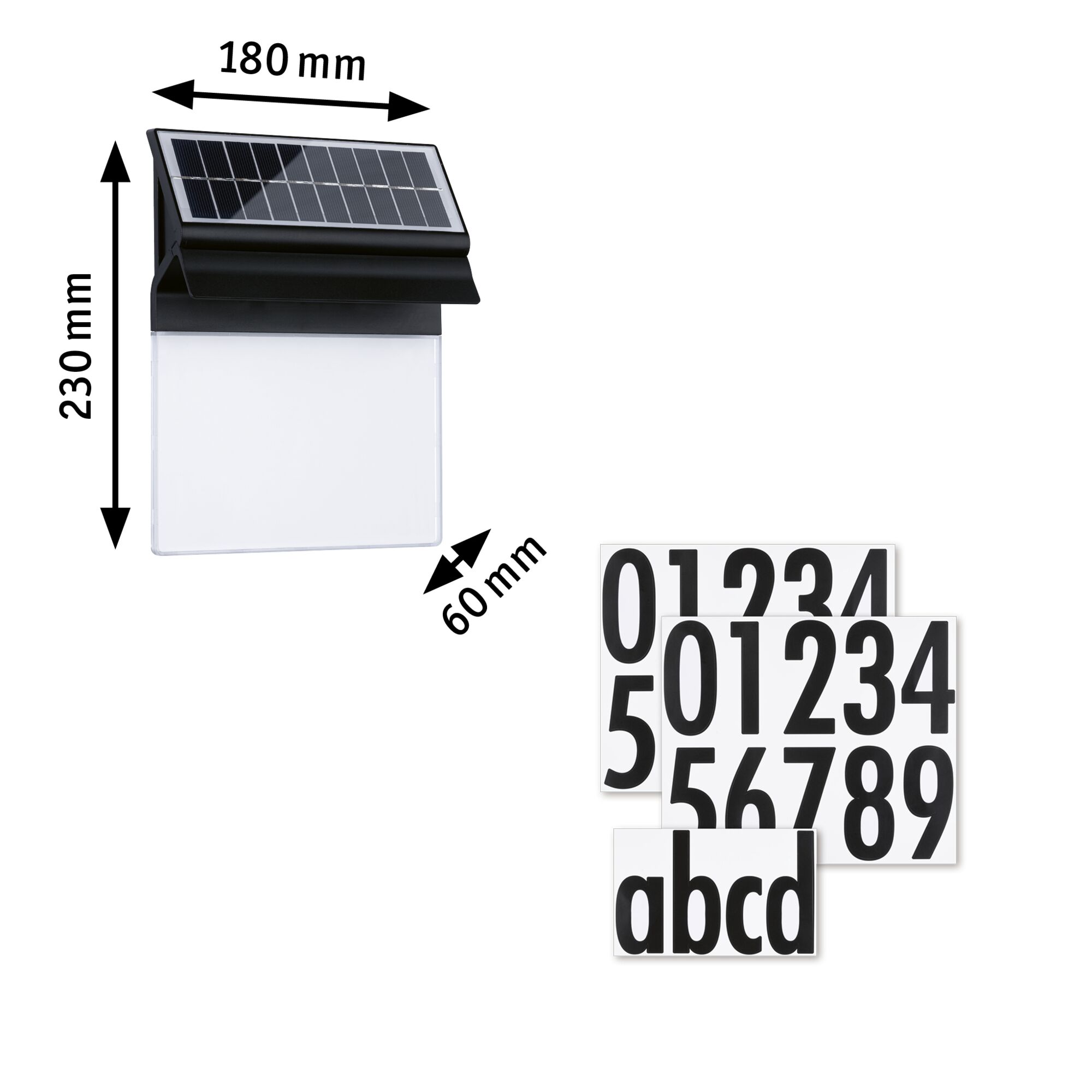 Black solar light with clear panel and black number and letter stickers for house numbering.