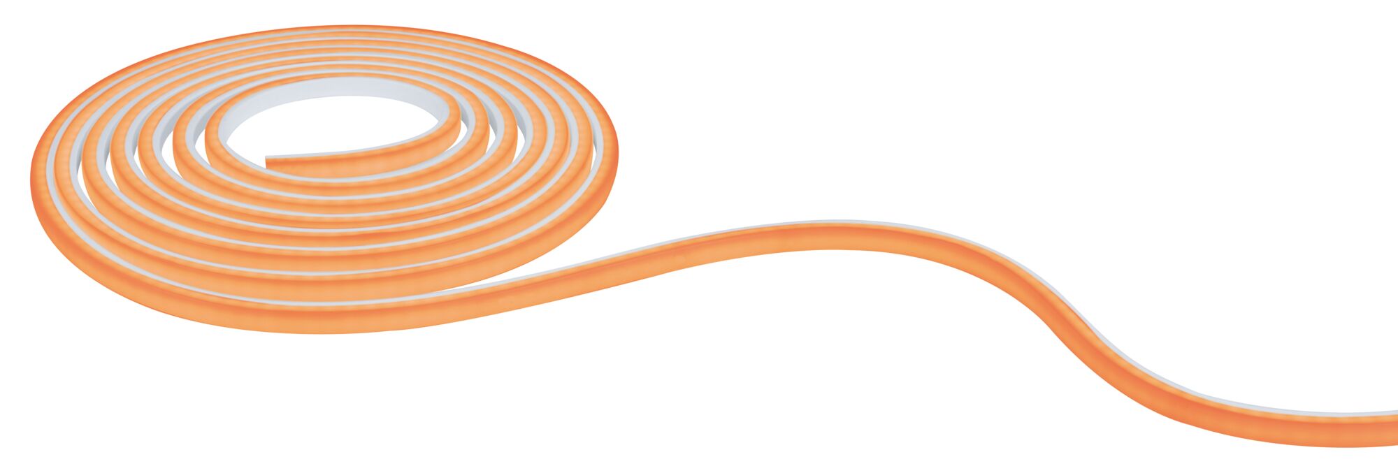 Flexible orange LED light strip with white core, perfect for decorative lighting and accent highlights.
