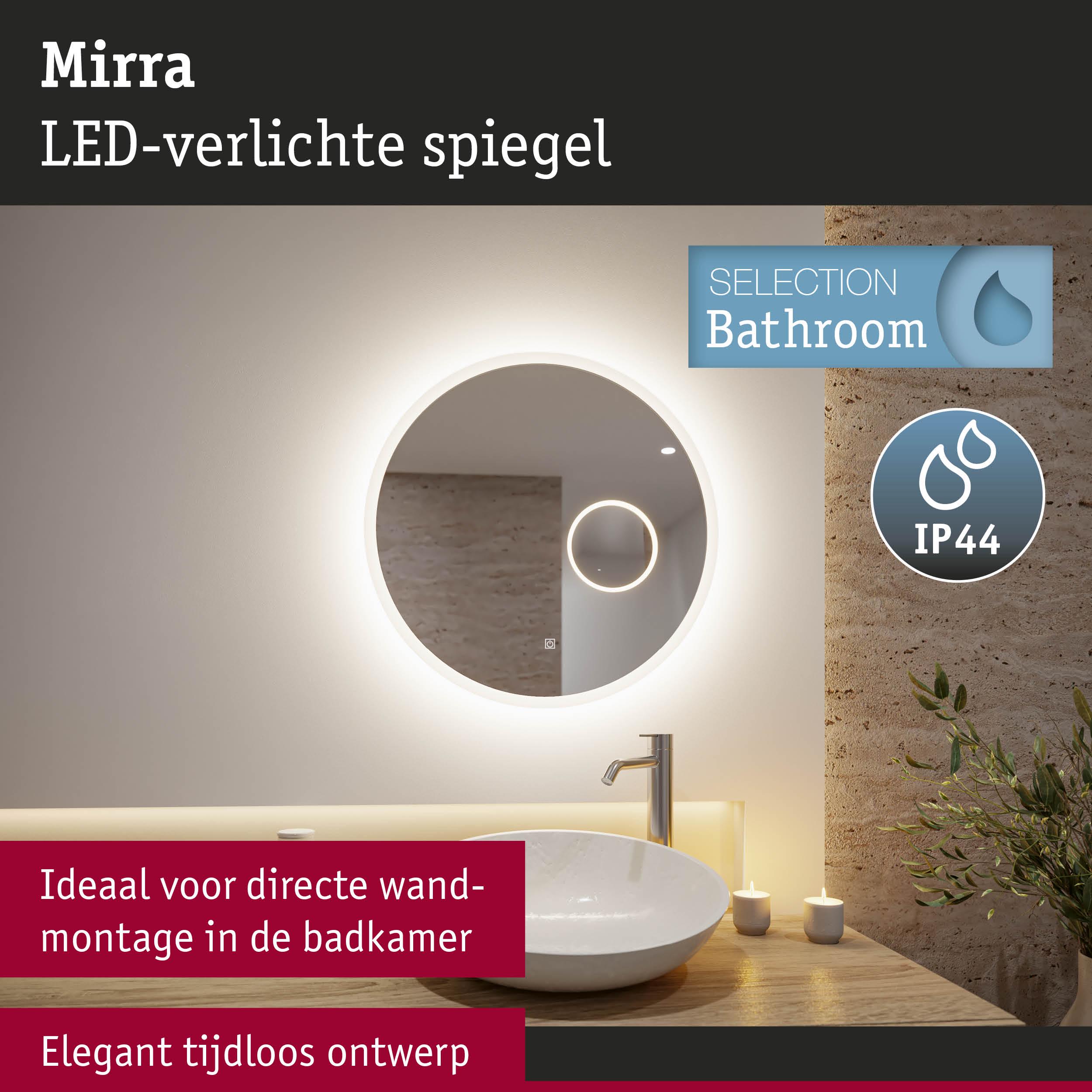 Ronde LED-verlichte badkamerspiegel met IP44 bescherming en elegant tijdloos ontwerp voor wandmontage