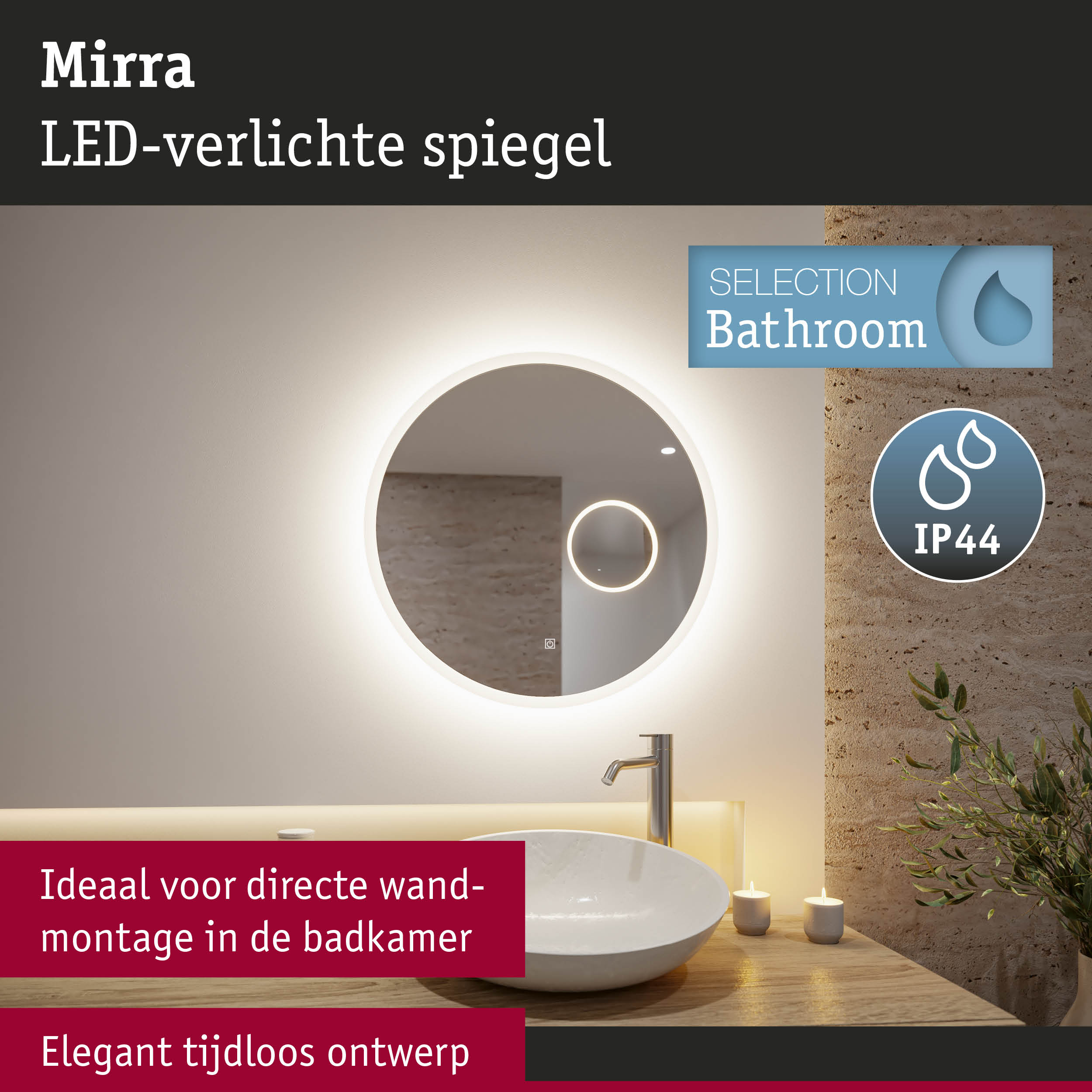 Ronde LED-verlichte badkamerspiegel Mirra met IP44 bescherming voor directe wandmontage