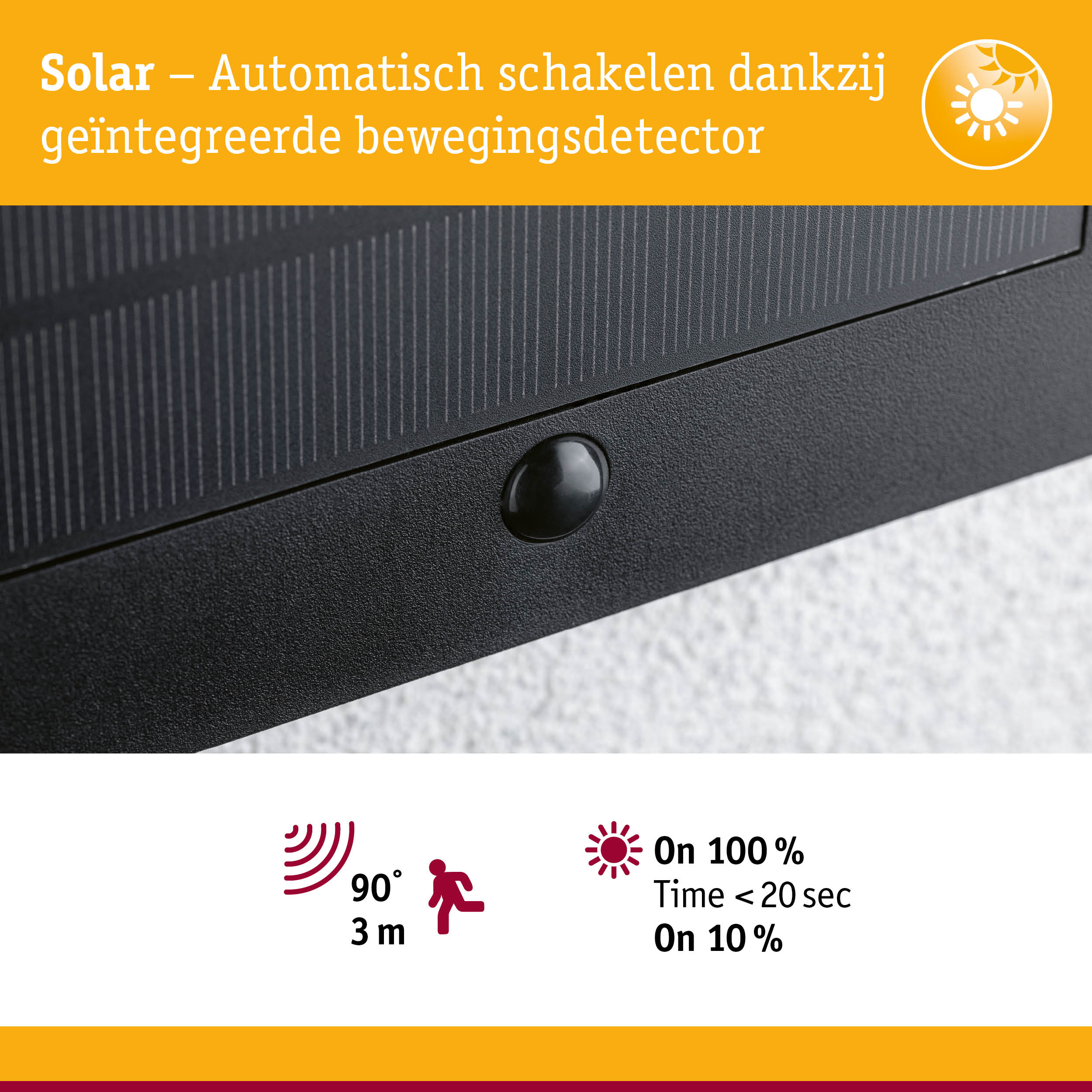 Close-up van zwart zonnepaneel met geïntegreerde bewegingssensor voor automatische schakeling