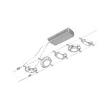 Modern LED cable system with five round silver lights emitting white light for versatile room lighting