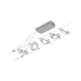 Modern LED cable system with five round silver lights for flexible room lighting solutions
