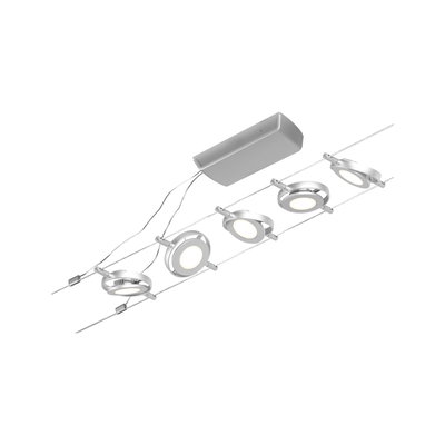 Modern LED cable system with five round silver lights for flexible room lighting solutions