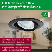 Schwarze LED Einbauleuchte Nova mit Energieeffizienzklasse A und austauschbaren Coins für Wohnräume