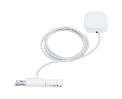 Weißes Stromschienenzubehör mit Kabel und Anschlussstück aus Kunststoff und Metall für Beleuchtungssysteme