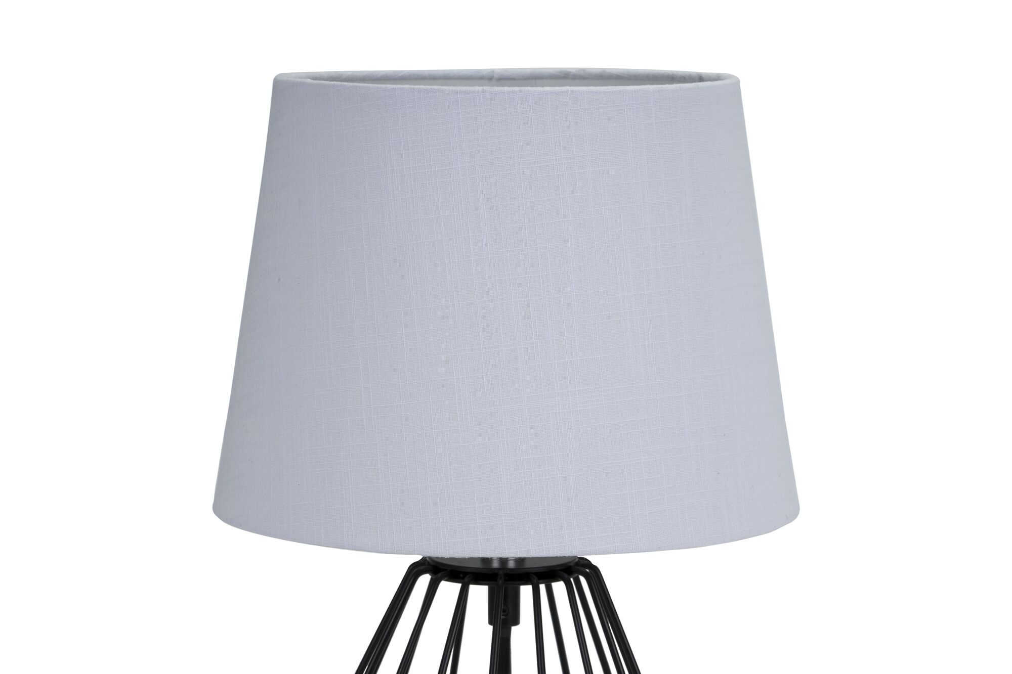 Tischlampe mit weißem Stoffschirm und schwarzem Metallgestell für modernes Wohnambiente
