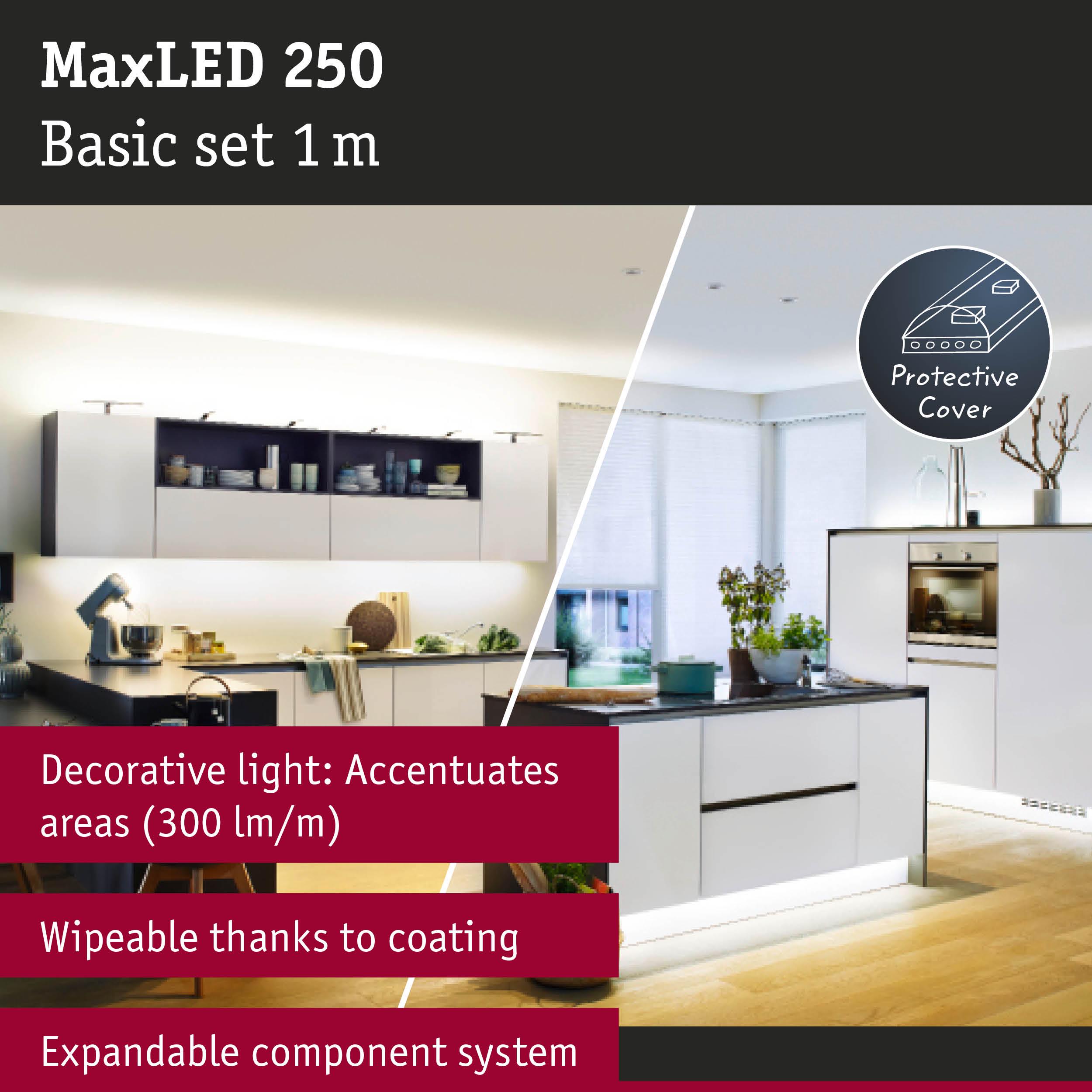 MaxLED 250 1m LED strip with protective coating for decorative kitchen lighting and accentuation