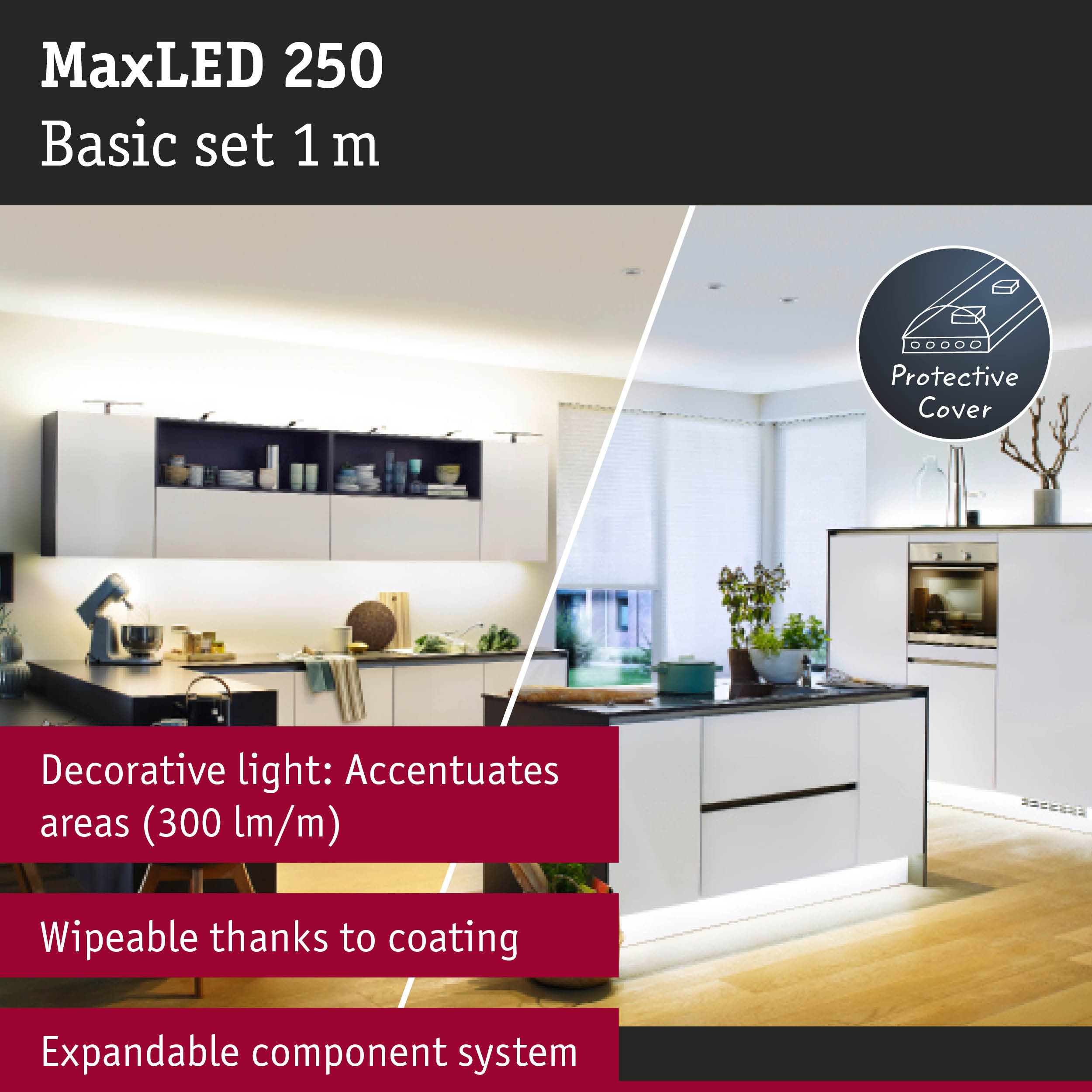 MaxLED 250 1m LED strip with protective cover, decorative kitchen lighting, expandable component system