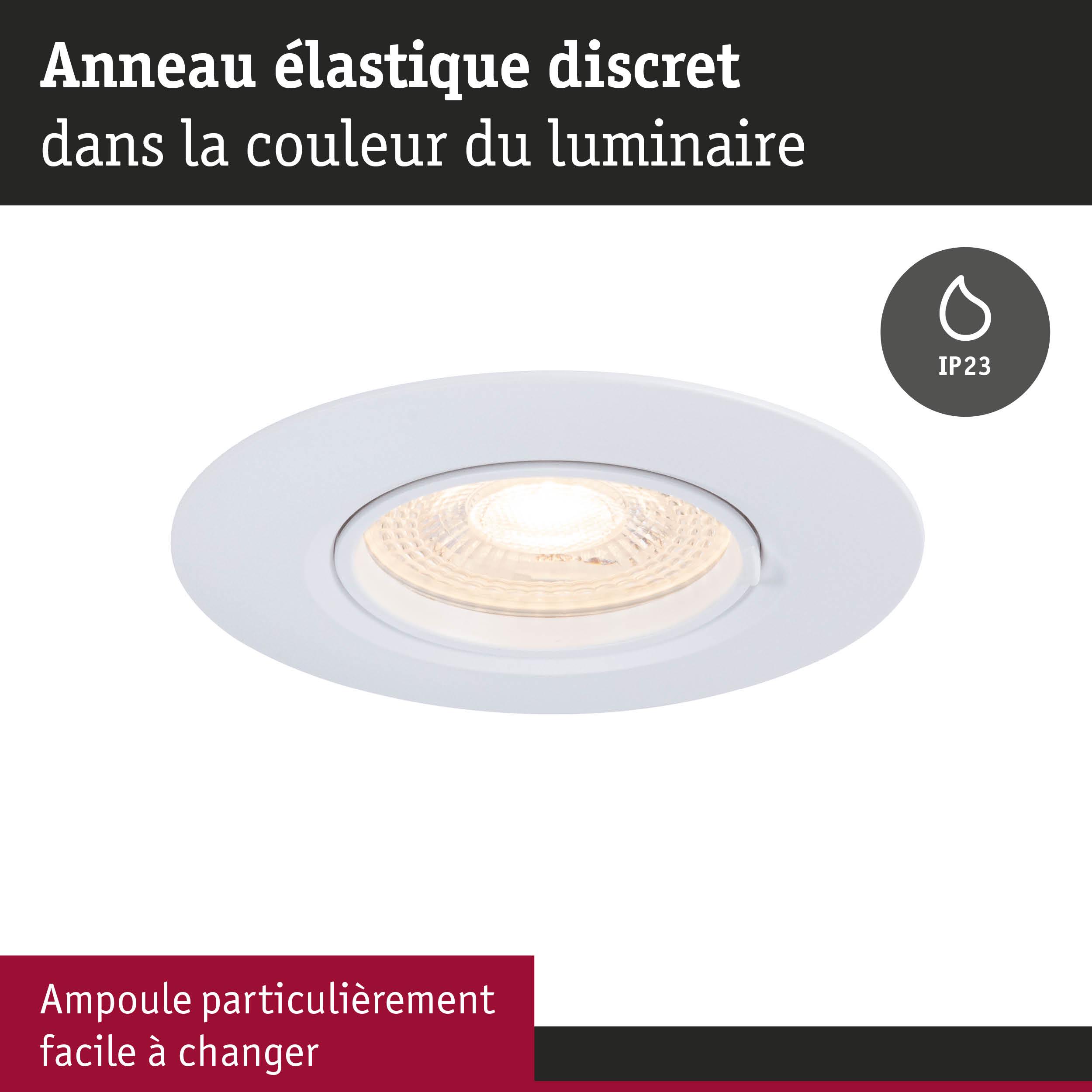 Spot encastré blanc avec anneau élastique discret et indice IP23, ampoule facile à changer