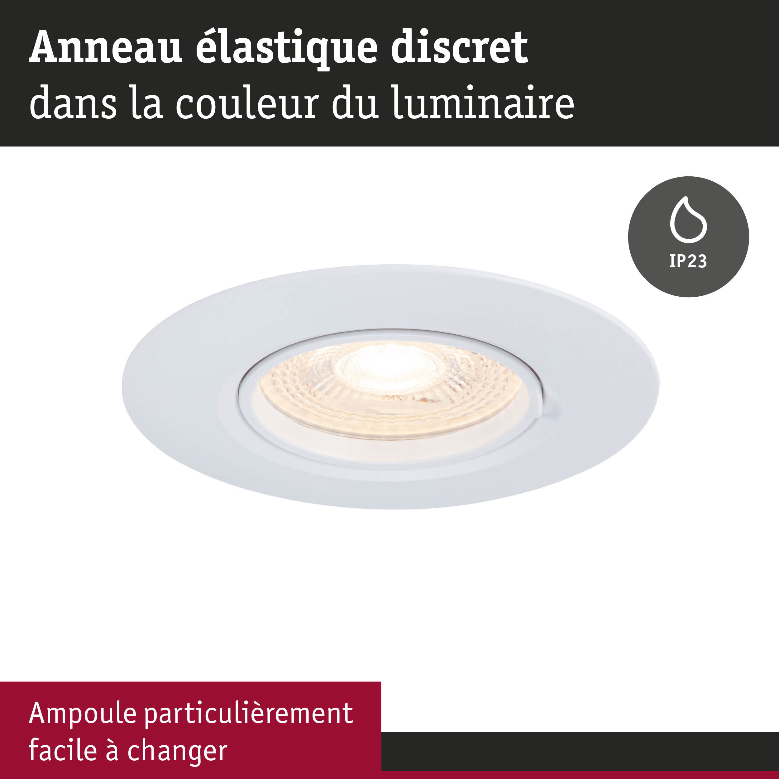 Spot encastré blanc avec anneau élastique et protection IP23 pour zones humides
