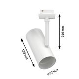 Weißer LED-Strahler aus Metall mit 138 mm Länge und 62 mm Durchmesser für Schienensysteme.