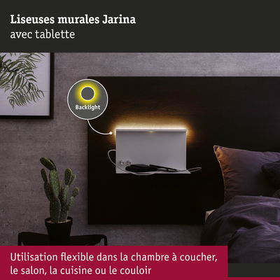 Liseuse murale Jarina blanche avec tablette et rétroéclairage LED chaud pour chambre et couloir