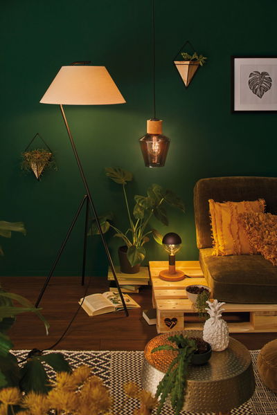 Salon avec lampe sur pied, suspension et lampe de table en verre et liège devant un mur vert