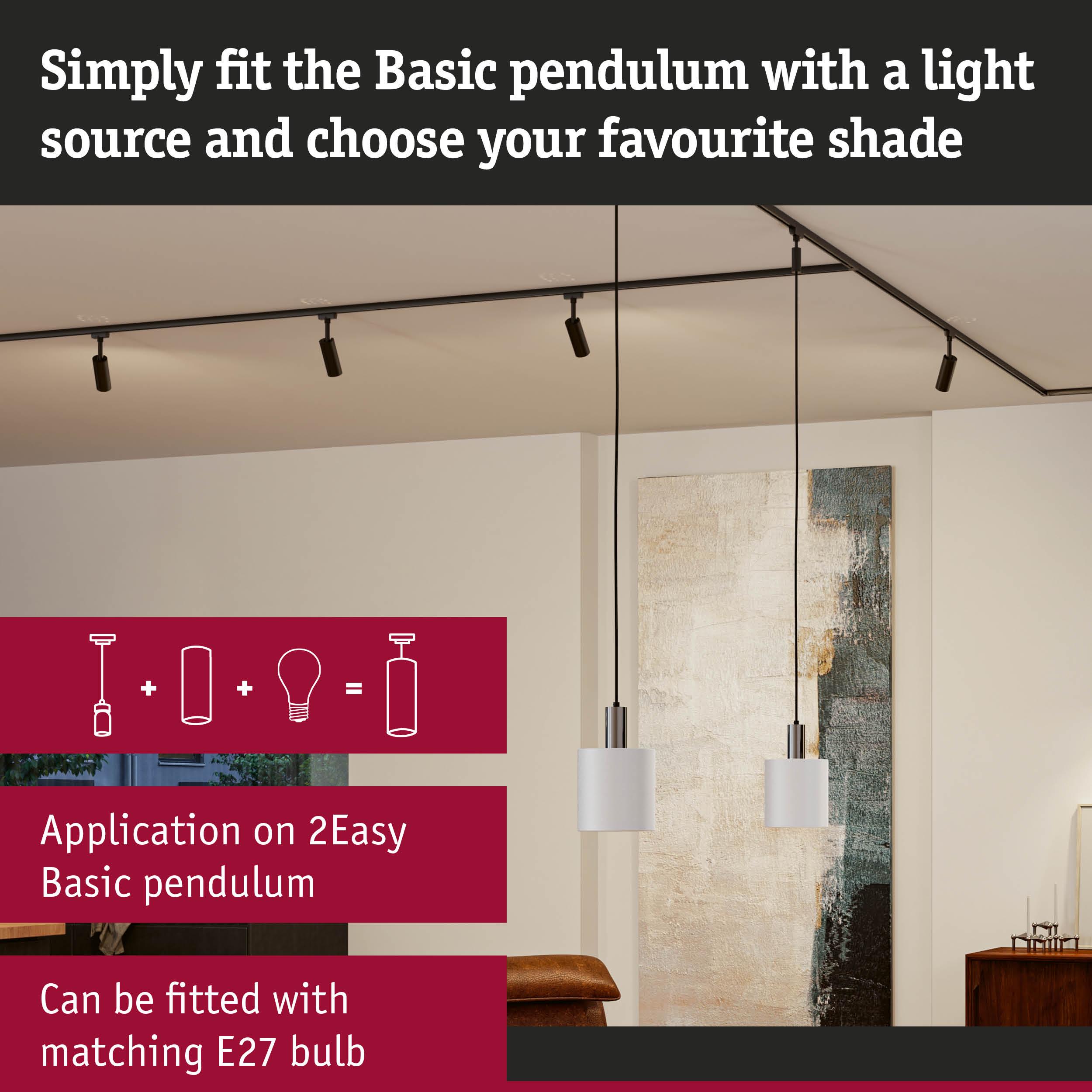 Two white metal Basic pendant lights with black cords in modern living room featuring abstract wall art