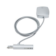 Silver track adapter with grey textile cable for LED lighting systems and electrical connections