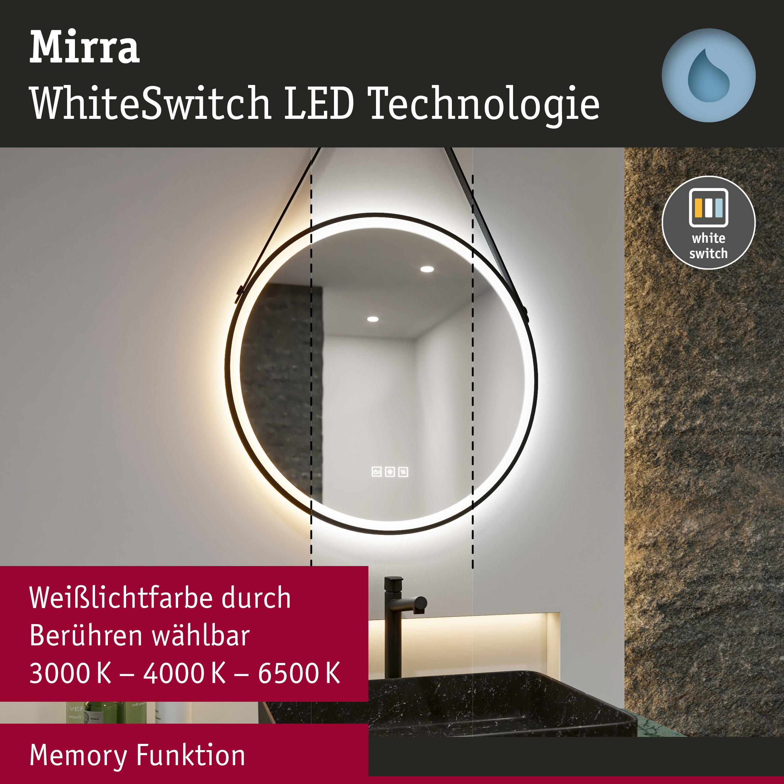 Runder Spiegel mit schwarzem Rahmen und WhiteSwitch LED-Technologie für einstellbare Weißlichtfarben im Bad
