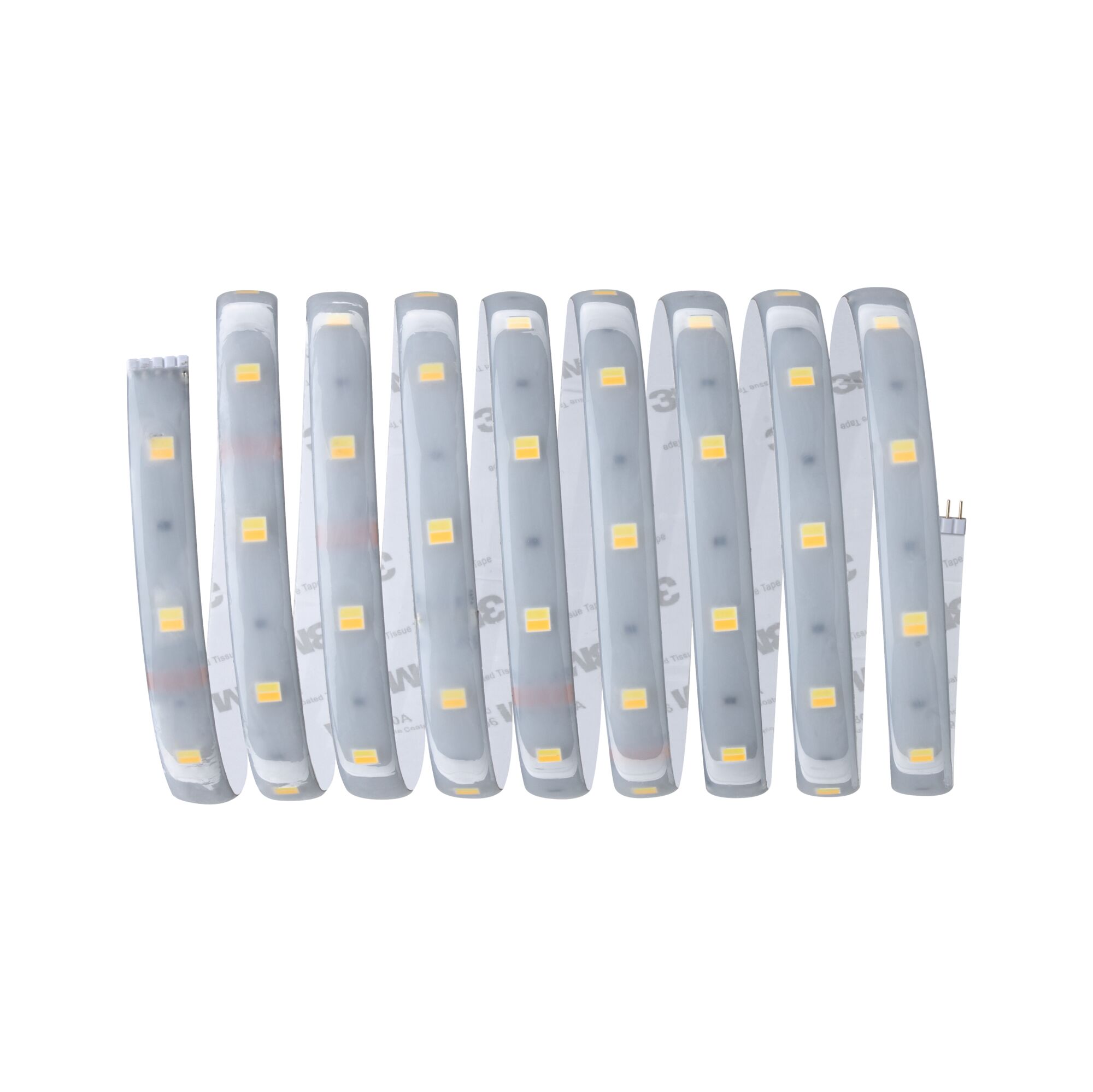 Flexible LED strip light with transparent silicone cover and yellow LEDs for versatile lighting solutions.