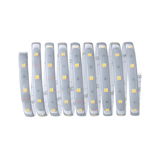 Flexible LED strip light with transparent silicone cover and yellow LEDs for versatile lighting solutions.
