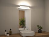 Modern white sink on wooden countertop with rectangular mirror and white LED wall light