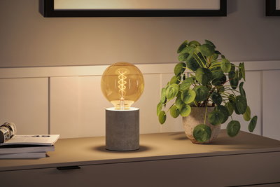 Modern table lamp with grey concrete base and warm glowing bulb on sideboard next to plant.