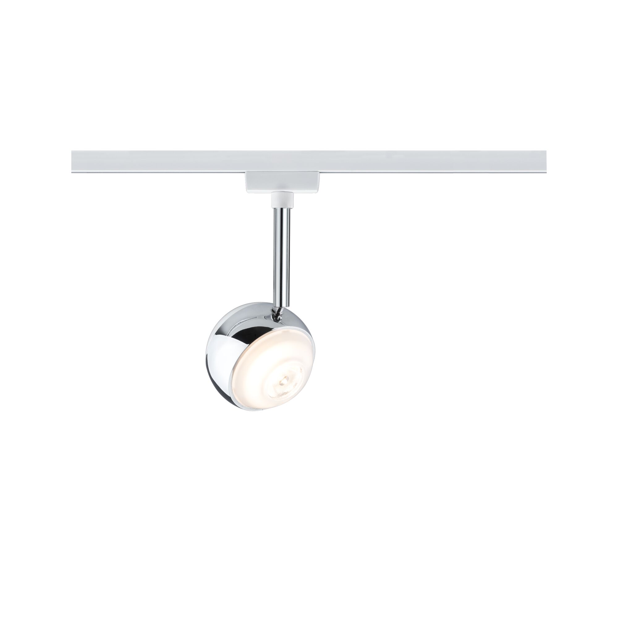 Moderner LED-Strahler aus Chrom mit runder Leuchte an weißer Schiene für flexible Raumbeleuchtung