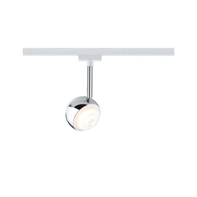 Moderner LED-Strahler aus Chrom mit runder Leuchte an weißer Schiene für flexible Raumbeleuchtung