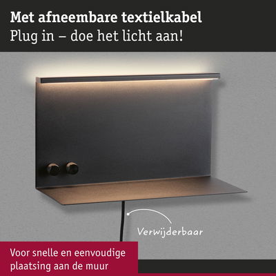 Zwarte metalen wandlamp met afneembare textielkabel en LED-lichtbalk voor snelle montage aan de muur