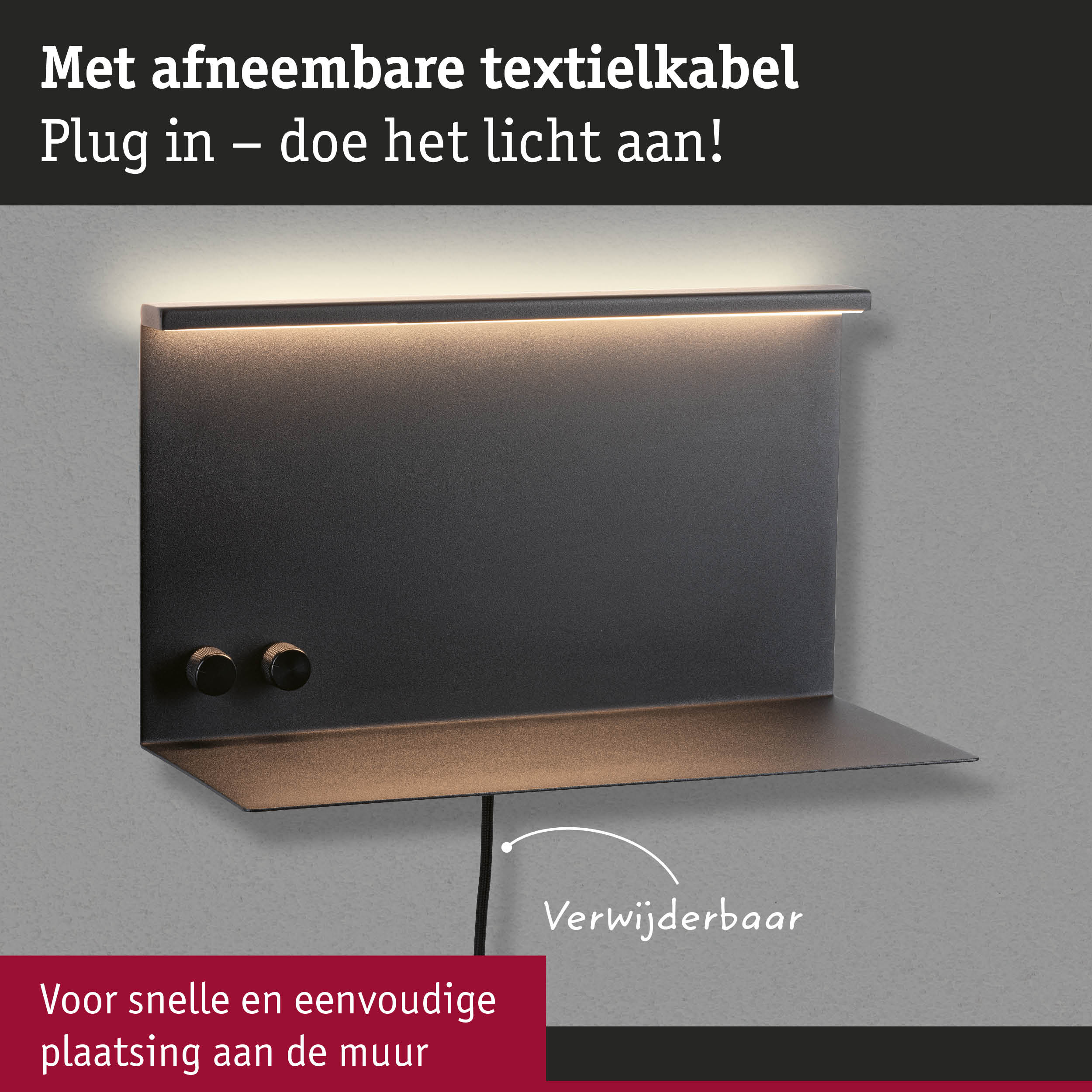 Zwarte wandlamp met afneembare textielkabel en warm wit LED-licht voor eenvoudige montage