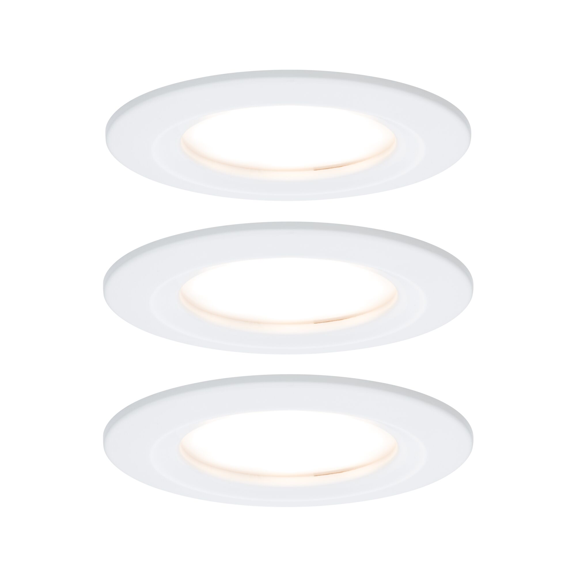 Three white LED recessed lights with warm white glow for energy-efficient room lighting