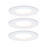 Three white LED recessed lights with warm white glow for energy-efficient room lighting