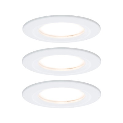 Three white LED recessed lights with warm white glow for energy-efficient room lighting