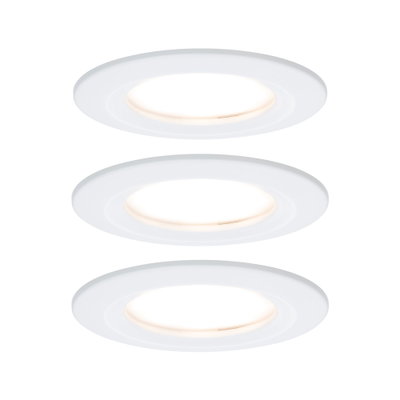 Three white LED recessed lights with warm white glow for energy-efficient room lighting