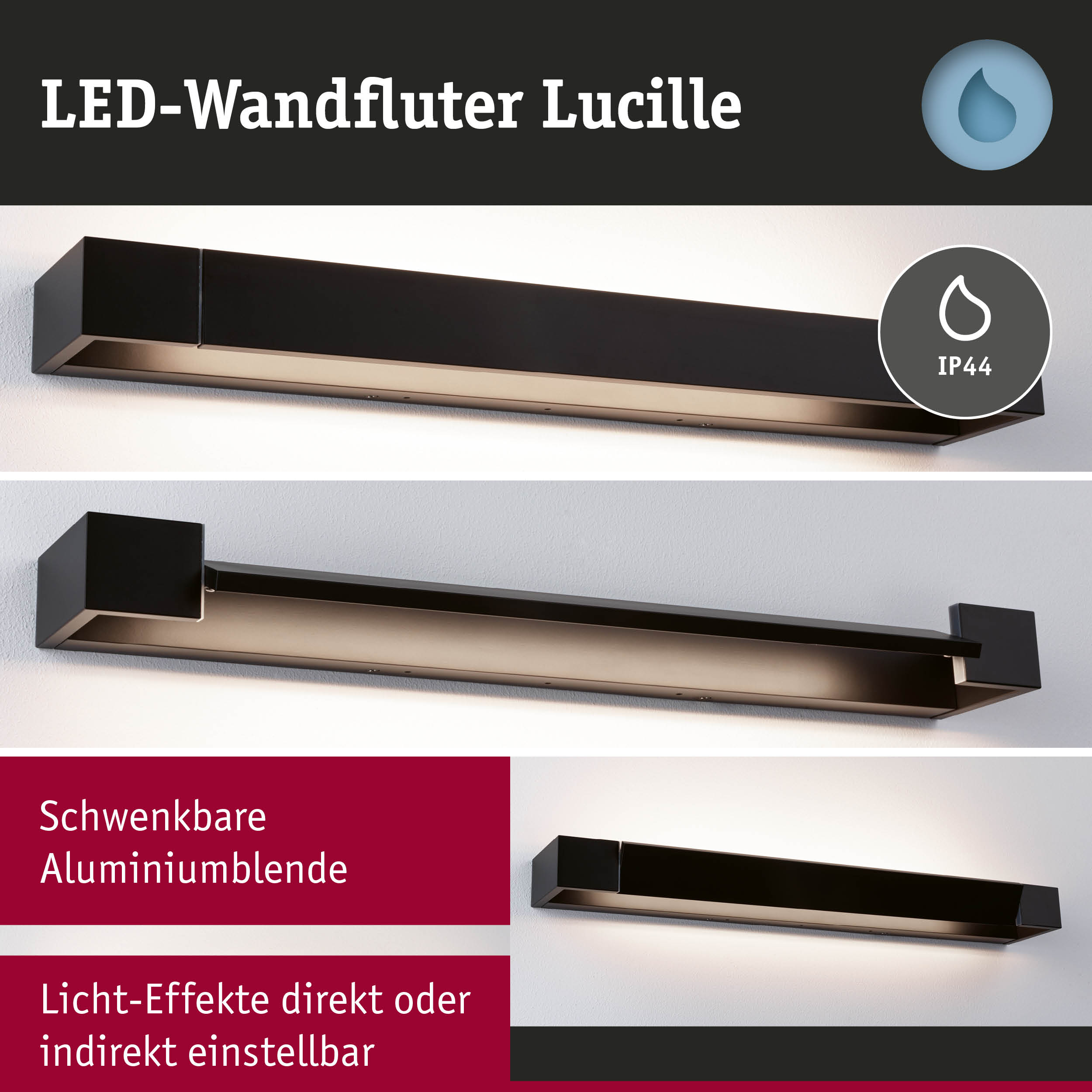 Schwarzer LED-Wandfluter Lucille aus Aluminium mit IP44 Schutz für flexible Lichtakzente