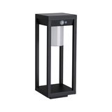 Black metal outdoor light with motion sensor and white lampshade for garden lighting