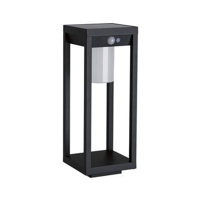 Black metal outdoor light with motion sensor and white lampshade for garden lighting