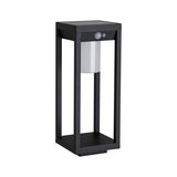 Black metal outdoor light with motion sensor and white lampshade for garden lighting