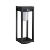 Black metal outdoor light with motion sensor and white lampshade for garden lighting