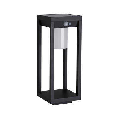 Black metal outdoor light with motion sensor and white lampshade for garden lighting