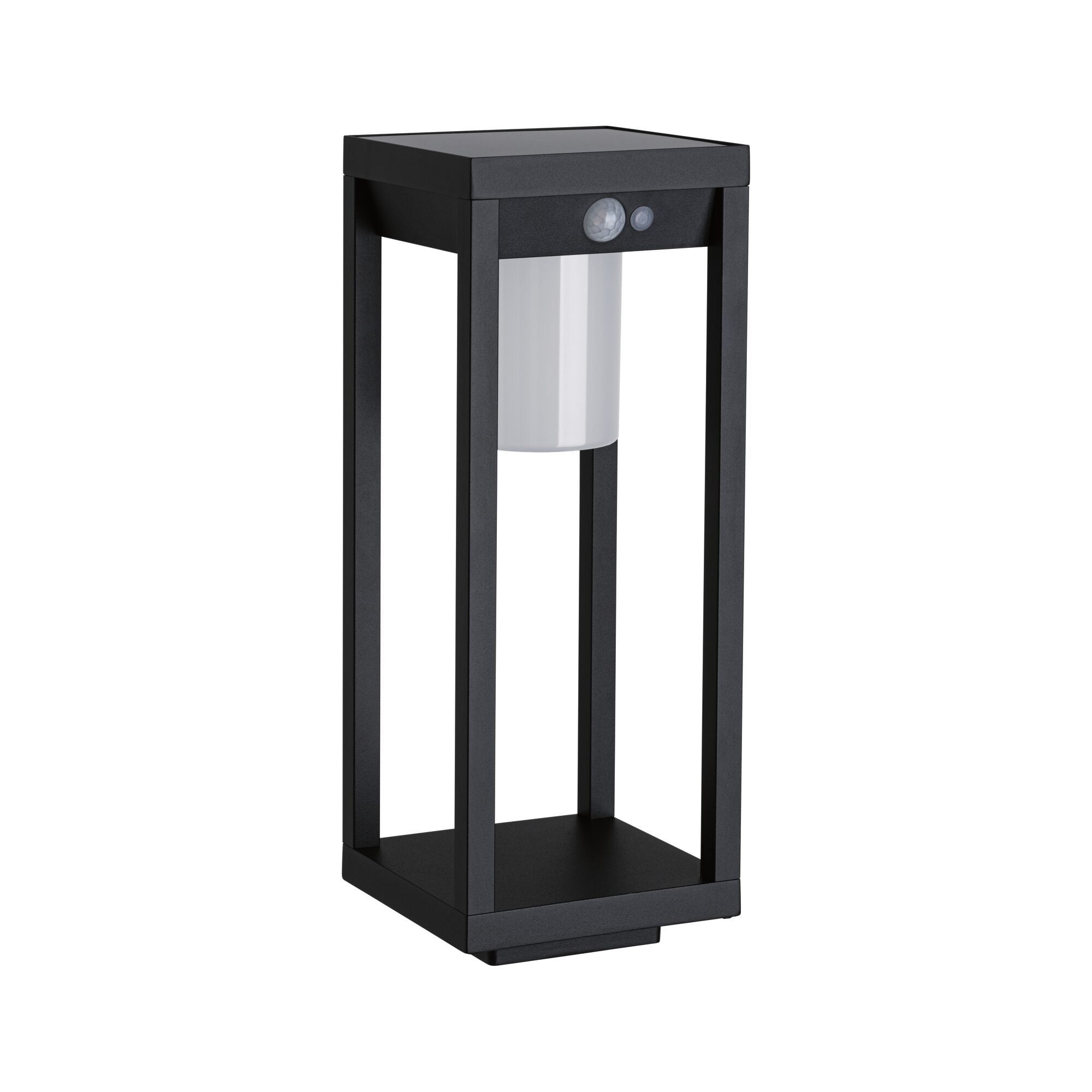 Moderne zwarte aluminium buitenpaal met bewegingssensor en witte diffuser voor tuinverlichting