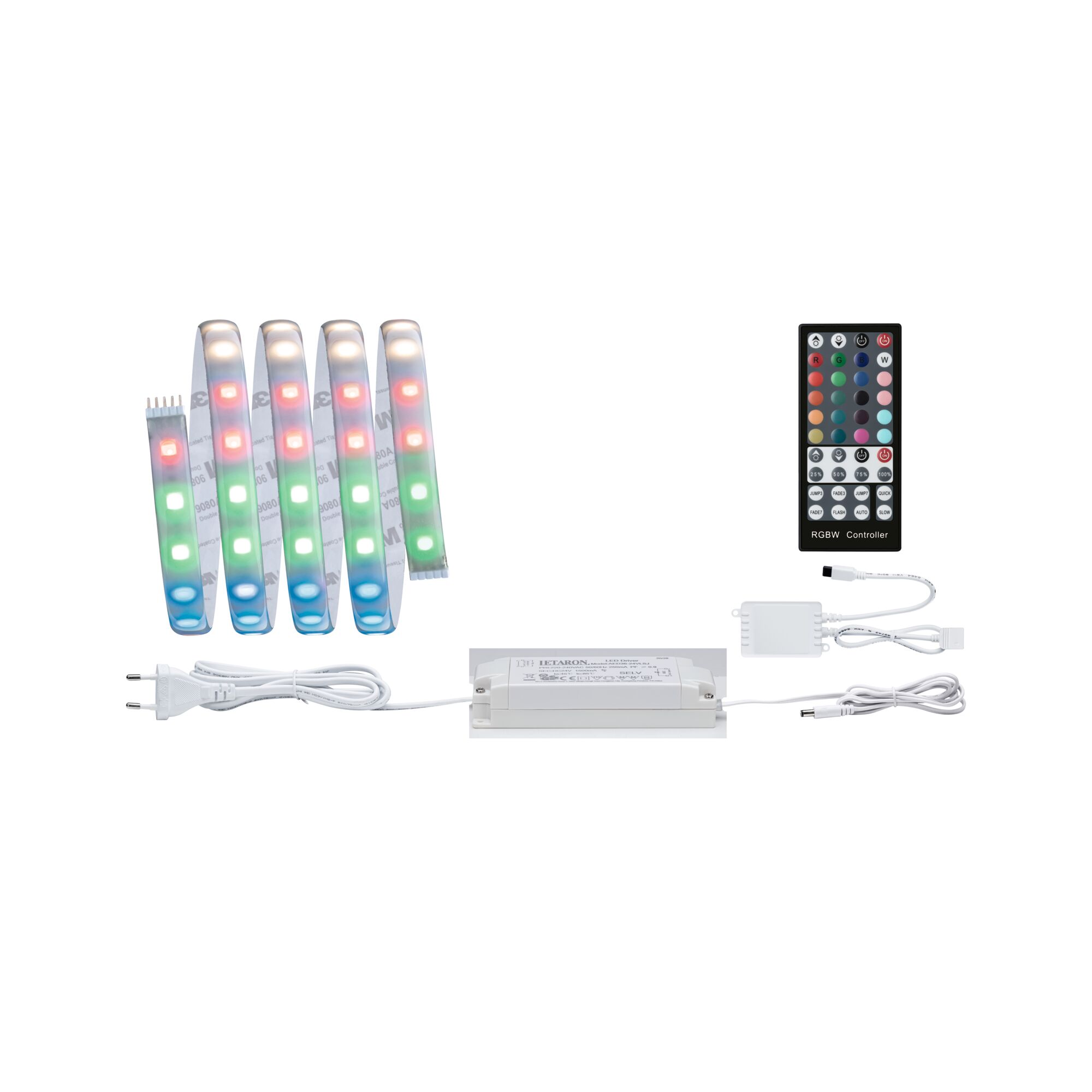 RGB LED strip with remote control and white power supply for versatile indoor color lighting