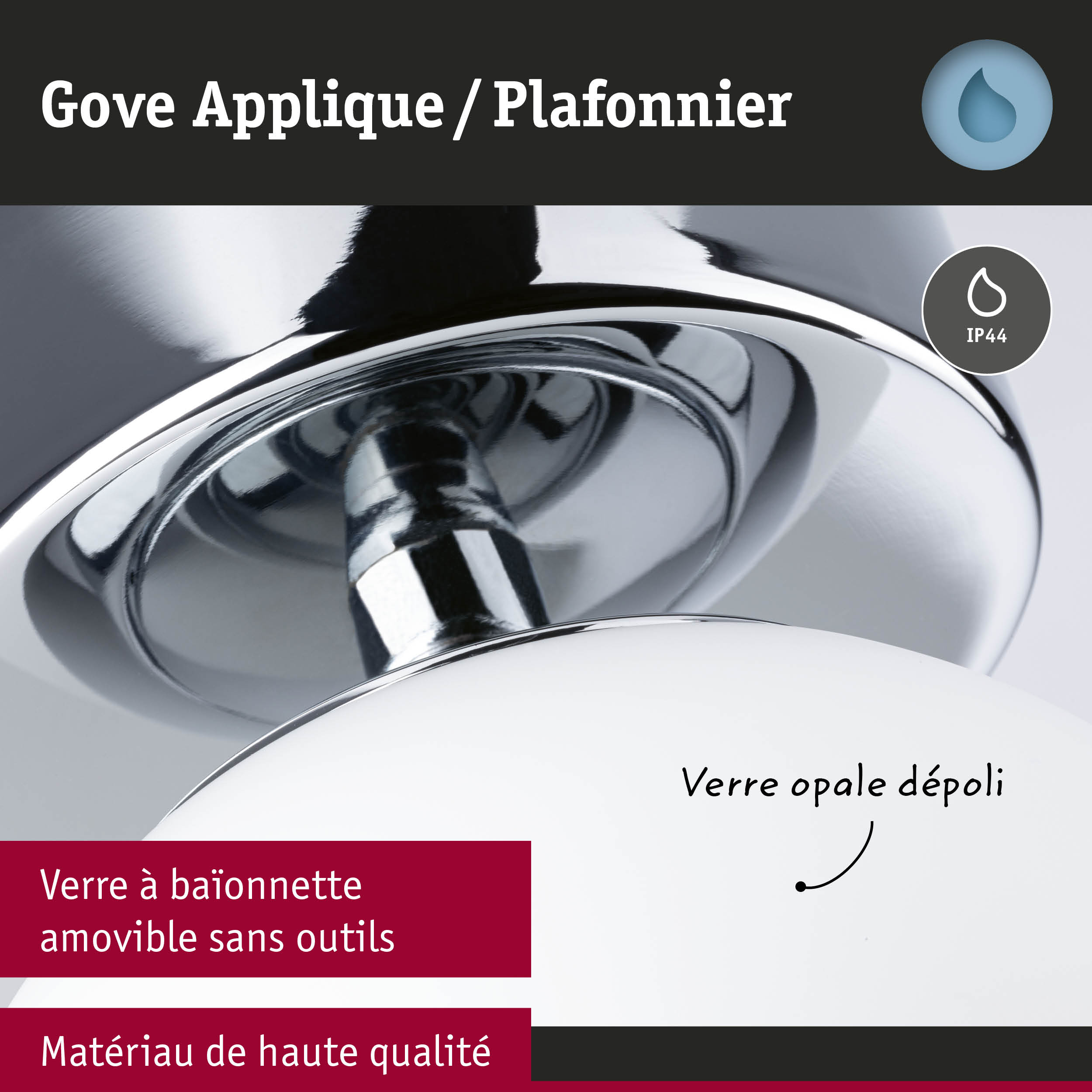 Applique/plafonnier Gove en verre opale dépoli, IP44, matériau de haute qualité, verre amovible sans outils